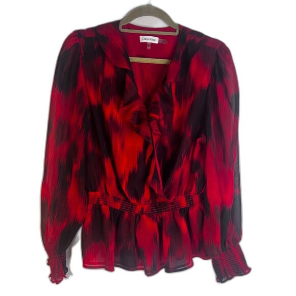 Calvin Klein Abstract Red Ruffle Vneck Peplum Waist Blouse Dressy Bold Size LG - Picture 1 of 10